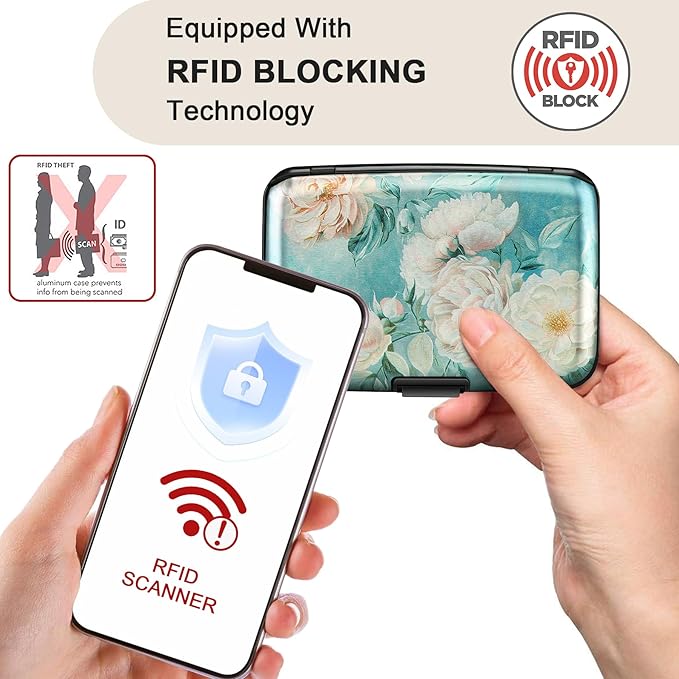 ELFISH Mini RFID Aluminum Wallet Credit Cards Holder Business Card Case Metal ID Case for Men Women(White peony)