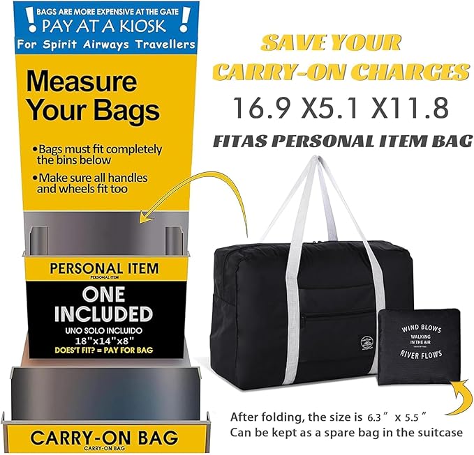 INVODA Travel Bag Carry on Luggage Foldable Duffel Bag Sports Gym Bag Weekender Overnight Bag Water Resistant Nylon Travel Duffel for Men Women (Black)