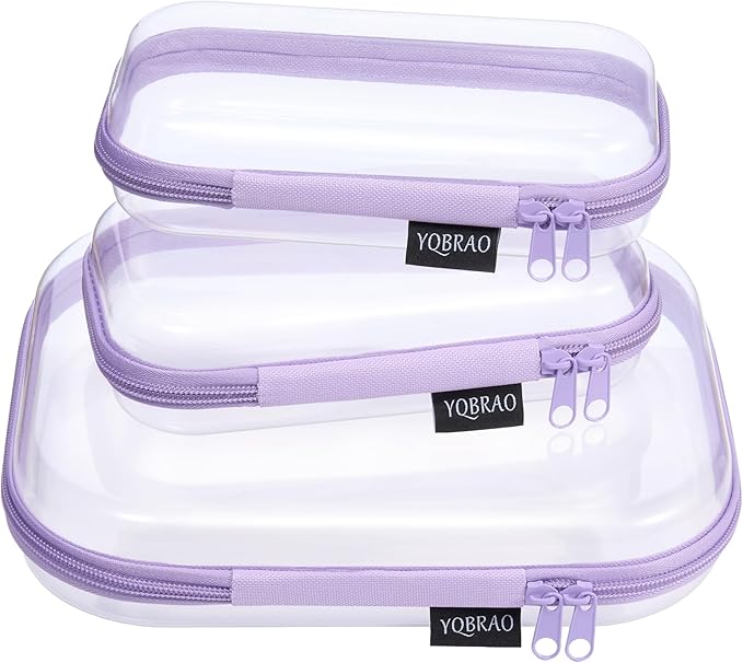 YQBRAO 3 Pack Hard Sided Clear Zipper Case for Storage- Thickened-Grade Clear Hard Shell Zipper Case for Organizing Bead, Handicrafts, Sewing, Toiletries, Makeup (Purple)