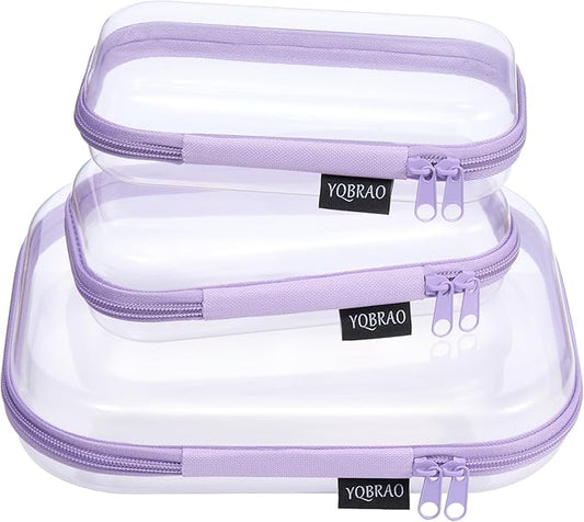 YQBRAO 3 Pack Hard Sided Clear Zipper Case for Storage- Thickened-Grade Clear Hard Shell Zipper Case for Organizing Bead, Handicrafts, Sewing, Toiletries, Makeup (Purple)