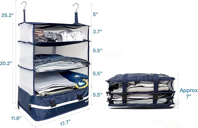 Grand Fusion Stow-N-Go Packing Organizer for Luggage, Portable Hanging Travel Shelves, Carry-On Closet, Hanging Packing Cubes, Collapsible Carry-On Organizer for Cruises & Hotels. Blue - XL