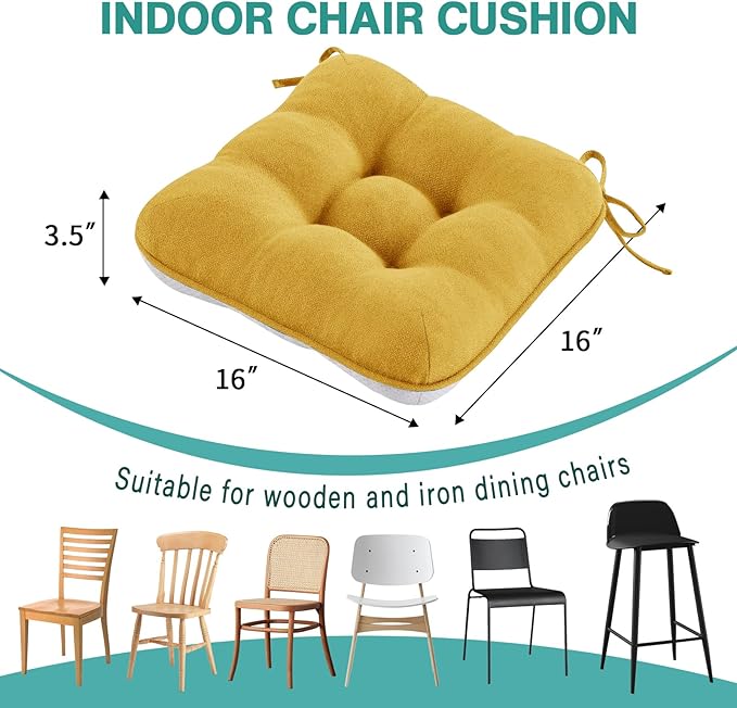 BETU Chair Cushions for Dining Chairs Set of 2,3.5" Thick Kitchen Table Chair Pads with Ties,Non Slip Backing and Covers, Seat Cushion for Dining Room,Bar,Patio Chairs,16"X16"X3.5",Yellow