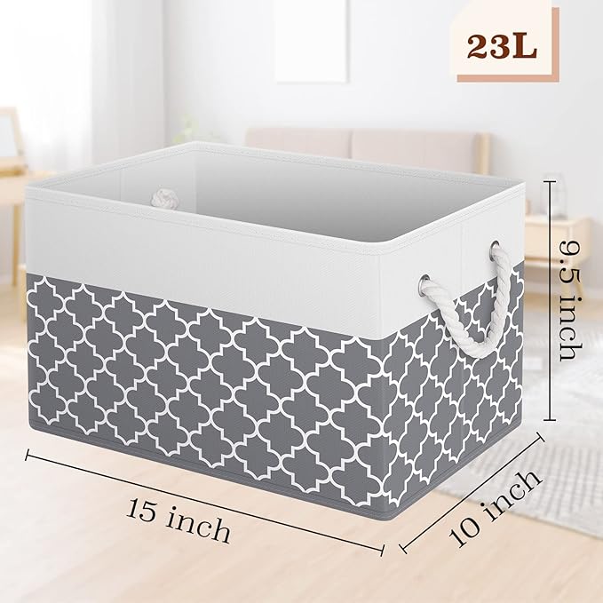 Fab totes Storage Bins [8-Pack], Foldable Storage Baskets for Organizing Toys, Books, Shelves, Closet, Large Storage Box with Rope Handles, Sturdy Organizer Bins,Clover Grey