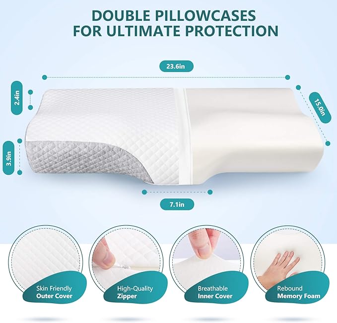 ZAMAT Contour Memory Foam Pillow for Neck Pain Relief, Adjustable Ergonomic Cervical Pillow for Sleeping, Orthopedic Neck Pillow with Washable Cover, Bed Pillows for Side, Back, Stomach Sleepers