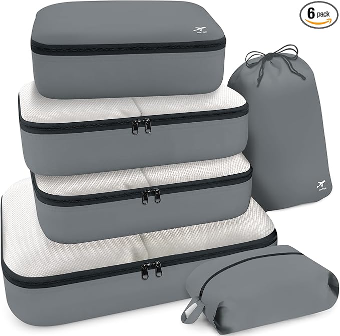 HOTOR Packing Cubes for Suitcases - 6 Pieces, Light Packing Cubes for Travel, Premium Suitcase Organizer Bags Set, Space-Saving Luggage Organizers, Travel Accessories and Essentials, Grey
