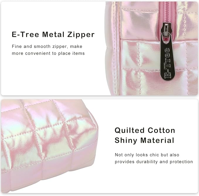 E-Tree Cute Makeup Bag,Quilted Cosmetic Bag,Make up Pouch for Purse,Toiletry Zipper Pouch,Checkered Bag,Travel Case,Storage Pouches for Organization (Dazzling Pink)