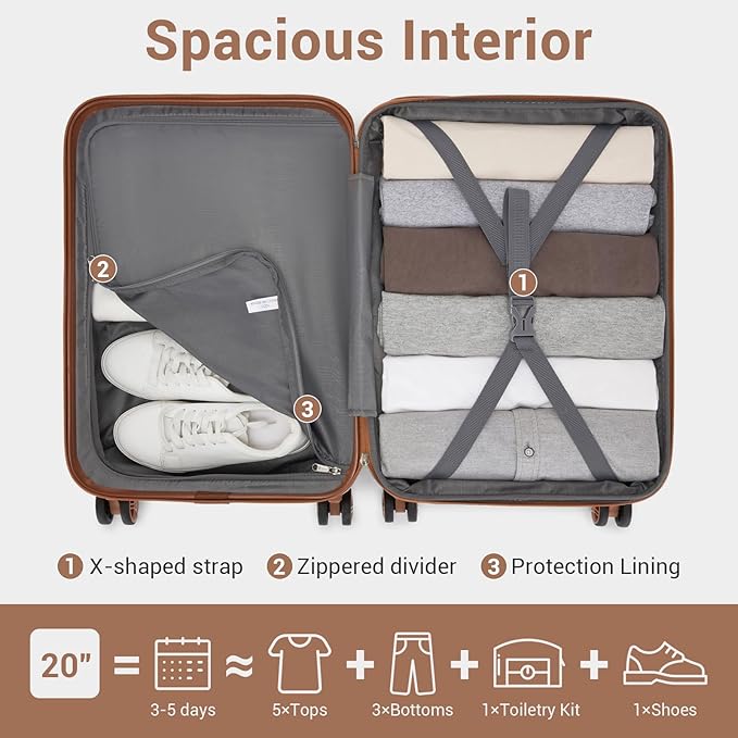 Kono Carry On Luggage 22x14x9 Airline Approved with Spinner Wheels,Lightweight PC+ABS 20 Inch Luggage with TSA Lock,Expandable Hard Shell Carry On Suitcases for Men Women,Apricot Grey