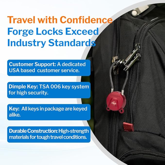 Forge TSA Approved Luggage Locks Ultra-Secure Dimple Key Cable Locks for Travel with Zinc Alloy Body- 2 Red Locks