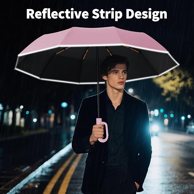 Seniny Travel Umbrella with Carabiner Handle, Windproof Large Umbrellas for Rain with Dual-Rib Structure, Portable Compact Umbrella with Reflective Strip, Car Backpack UV Umbrellas for Sun Protection