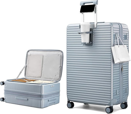 HanTrip Hard Shell Suitcases 28 Inch Large Checked Luggage with Spinner Wheels Cup Holder, Expandable Check in Luggage Lightweight Top Opening Luggage Big Rolling Suitcase with Lock, Silver