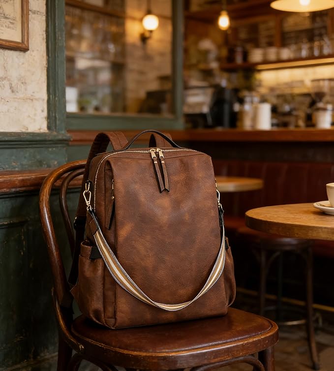 myfriday PU Leather Large Backpack Purse for Women Casual Travel Backpack Convertible Satchel Handbags With Luggage Strap (Dark brown)