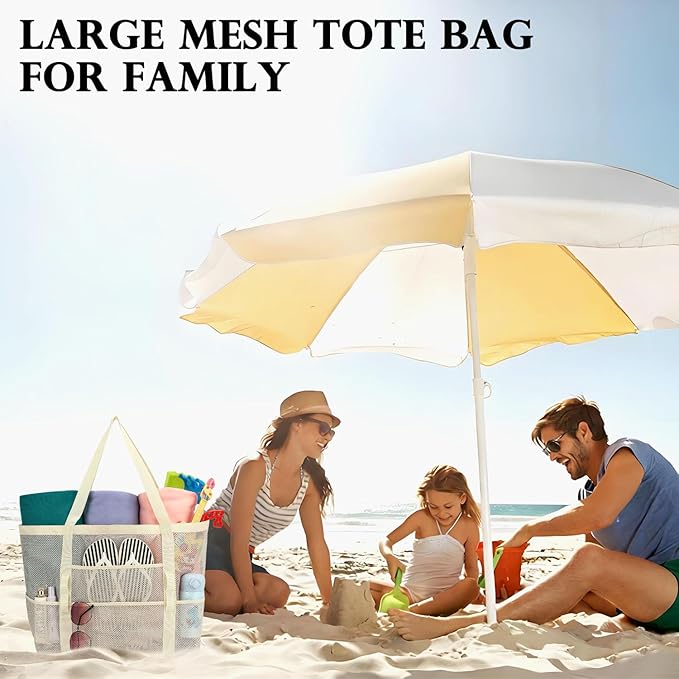 Fammart Mesh Beach Bag, Large Beach Tote with Zipper Pocket, Toys Pool Bag for Family Travel Vacation Cruise Essentials