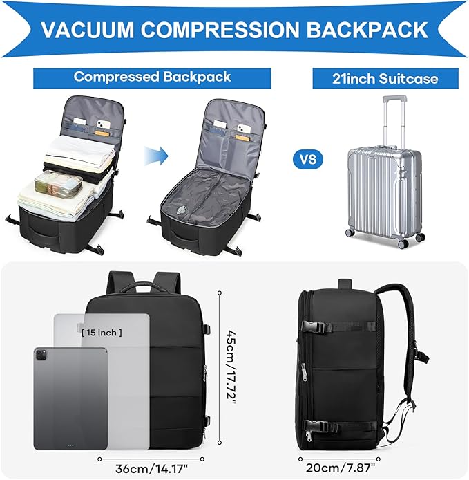 coowoz Vacuum Backpack Travel with Pump,Travel Backpack with Vacuum System For Women Men,Carry On Backpack,Hiking Backpack Waterproof Outdoor Sports Rucksack Casual Daypack,33L(Vacuum pump),Black