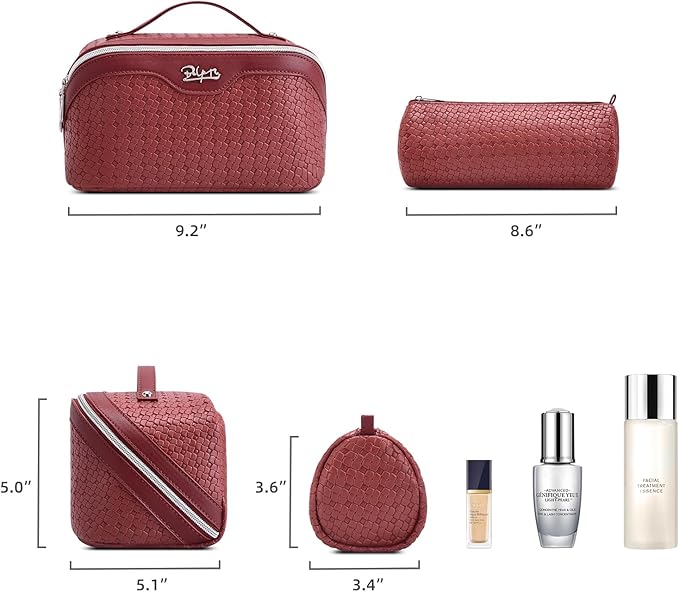 BOYATU Travel Makeup Bag Cosmetic Bags for Women: Large Capacity 3 Pcs Set Make up Bag with Compartments - Waterproof Vegan Leather Toiletry Organizer Bags with Handle (L52Burgundy)
