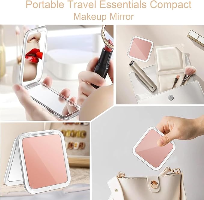 CYHTSHFZ Small Compact Mirror for Purse,5X/1X Travel Magnifying Mirror for Women, Makeup Mirror for Girls, Portable Ultra Slim Pocket Mirror（Pink）