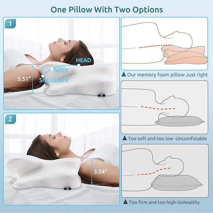 DONAMA Cervical Pillow for Neck and Shoulder Pain Relief, Cooling Contour Memory Foam Pillow, Dual-Height Ergonomic Neck Support Pillow for Side Back Stomach Sleepers with Removable Pillowcase