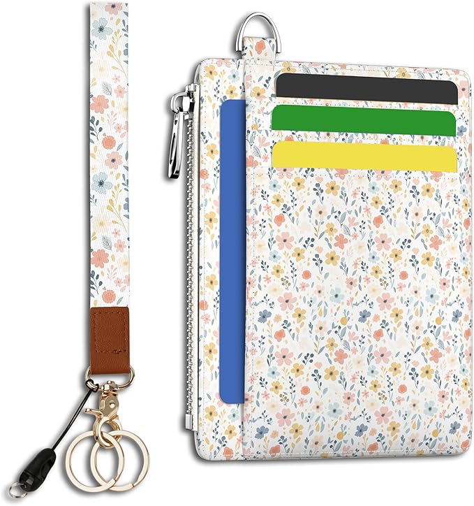 Hancynir Florals Slim Wallet Women Credit Card Holder, RFID Blocking Front Pocket Wallet Wristlet Keychain Lanyard, Small Cute Mini Card Case, Thin Travel Zipper Coin PU Leather Ladies Female Gifts