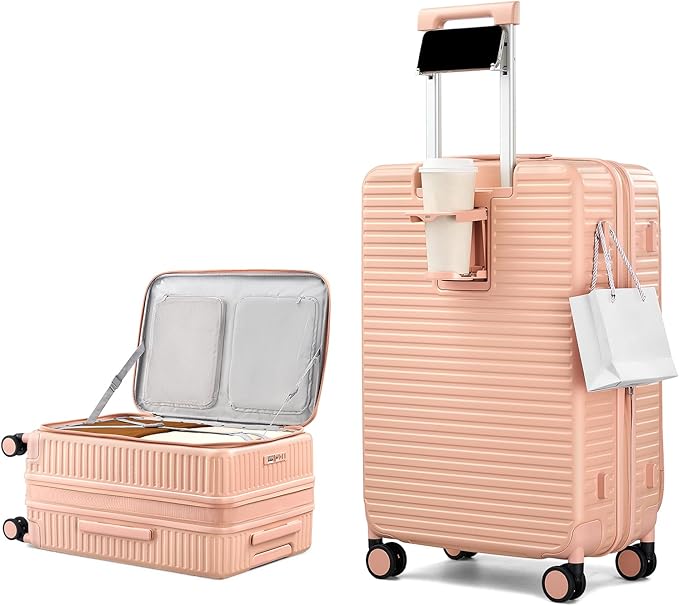 HanTrip Hard Shell Suitcases 24 Inch Check in Luggage with Spinner Wheels Cup Holder, Lightweight Top Opening Expandable Luggage Hard Case Rolling Medium Checked Suitcase with Lock, Pink