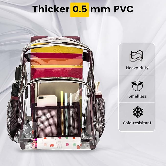 Vorspack Clear Backpack Heavy Duty PVC Transparent Backpack with Reinforced Strap Stitches & Large Capacity for College Workplace Security - Coffee