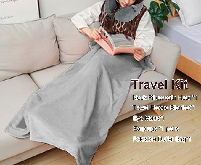 Travel Blanket Pillow Set - Travel Neck Pillow & Blanket for Airplane, Thick Fleece Plane Blanket, Hooded Memory Foam Neck Pillows, Foldable Duffel Bag, Sleep Mask, Earplugs for Plane Traveling, Gray
