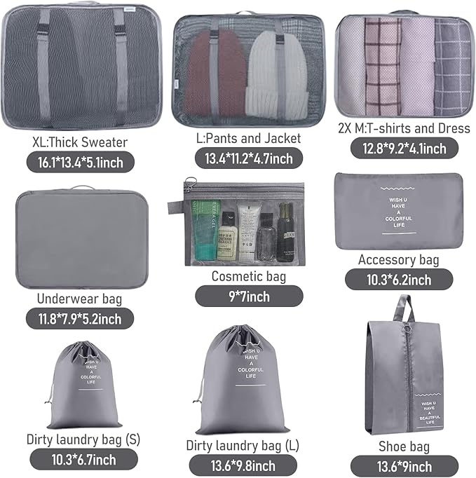 Packing Cubes for Travel-10 Set Luggage Organizer Bags for Family, Mesh Breathable Packing Cubes for Suitcases Durable Travel Essentials Bags Set