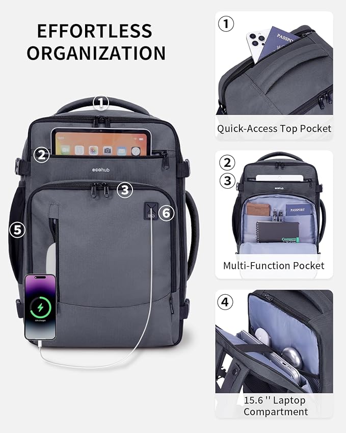 ECOHUB 17" Small Travel Backpack, United Airlines Personal Item Bag 17x10x9 with 16 Pockets, Water Resistant Rucksacks Fit 15.6" Laptop, AirTag Pocket, Lightweight Casual Daypack, 25L, Grey Green