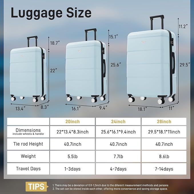 Merax Luggage Sets 3 Piece, Suitcases with Spinner Wheels, Lightweight Travel Luggage with Lock, ABS Hardshell Suitcase Set 20/24/28 IN,Light Blue
