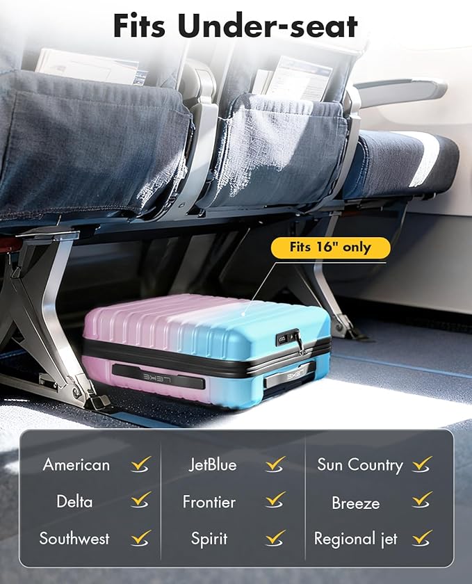 Lekesky 16 Inch Underseat Carry On Luggage Airline Approved, Small Hard Shell Suitcase with TSA Lock Spinner Wheels, Lightweight Personal Item Carry-On for Travel, Cotton Candy