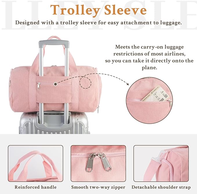 2PCS Cute Gym Bag for Girls, Corduroy Duffle Bag with Wet Pocket & Shoe Compartment and item bag, Duffle Bag for Travel, Sports, Fitness & Workout