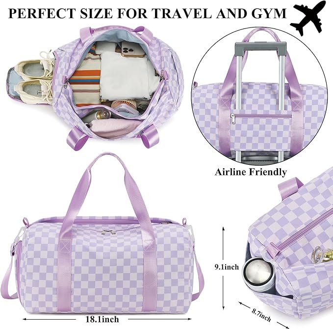 LEDAOU Duffle Bag Girls Kids Cute Dance Bag with Shoes Compartment Gym Bag with Wet Pocket Sports Overnight Travel Bag (Purple Checkered)
