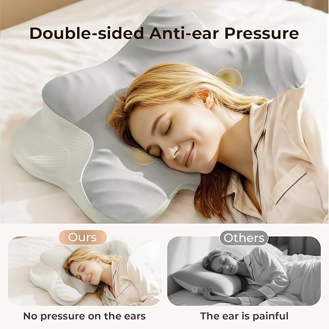 Cervical Pillow for Neck and Shoulder, Ergonomic Memory Foam Pillows for Sleeping, Dual Ear Relief Zone Contour Pillow,Support Pillow for Side Back Stomach Sleepers (Gray)