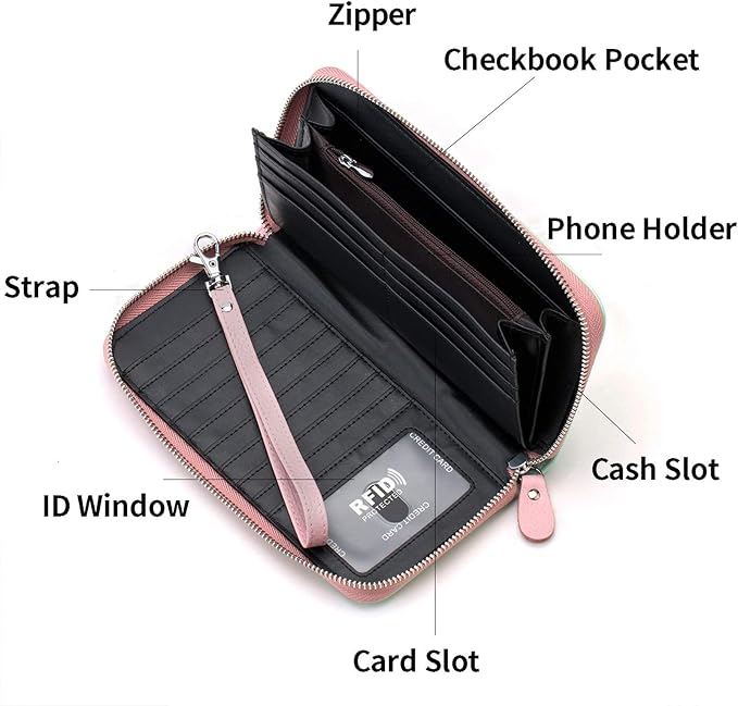 Moflycom Womens Wallet RFID Blocking Genuine Leather Multi Credit Card Large Capacity Zip Around Clutch Travel Purse Wristlet