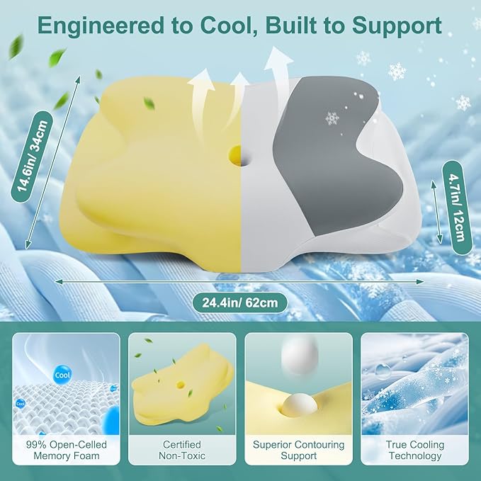 DONAMA Cervical Neck Pillow- Ergonomic Pillows for Pain Relief, Contour Memory Foam Pillow for Side/Back/Stomach Sleepers, CertiPUR-US Certified with Cooling Ice Silk Pillowcase