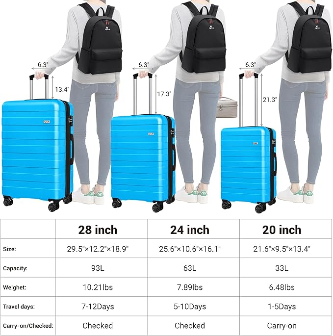 Zebra Luggage Sets 5 Piece, Lightweight Hardside Business Travel Suitcase Set with TSA Lock, Bonus Travel Backpack & Makeup Bag, 20/24/28 inch, Blue