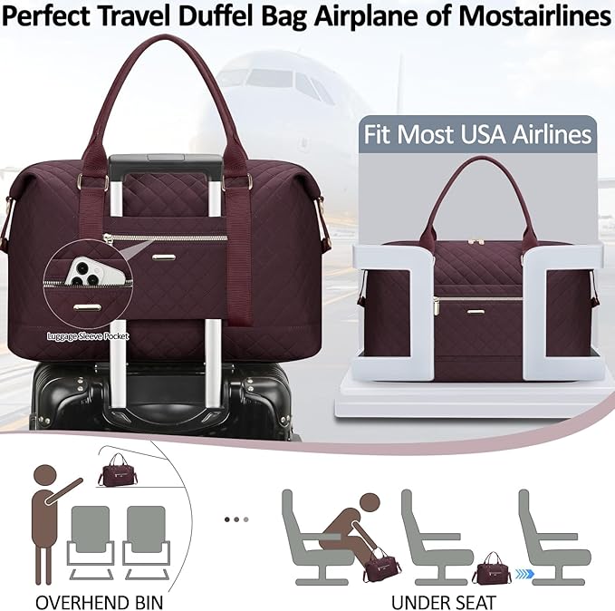 Quilted Travel Duffle Bag for Travel Women with Toiletry Bag, Large Weekender Bags for Women Carry on Duffel Overnight Bag, Waterproof Travel Tote Bags for Sports, Weekender, Business, Red