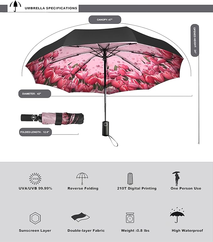 SIEPASA Windproof Travel Compact Umbrella-Automatic Umbrellas for Rain- Folding Umbrella, Travel Compact Umbrella.(Inverted/Tulip)