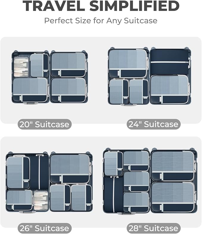 Percover Compression Packing Cubes 4-Piece Set, Packing Cubes Compression for Travel with Label Pockets, Travel Organizer for Carry On & Checked Luggage, Navy Blue