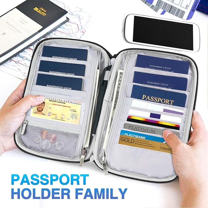 Passport Holder Family, Women RFID Blocking Passport Wallet, Travel Essentials Premium Wallets, Waterproof Passport Holders Bag for Men Traveling, Travel Document Organizer Credit Cards Case