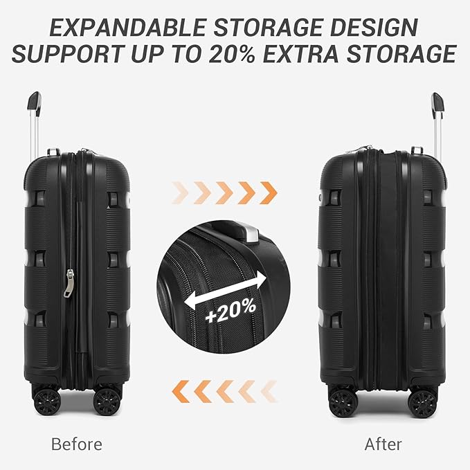 Kono Carry On Luggage 20 Inch Expandable 22x14x9 Airline Approved Hard Shell Travel Trolley 4 Spinner Wheels Lightweight Polypropylene Suitcase with TSA Lock, Black