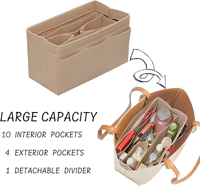 DailyPlus Purse Organizer Insert Felt Bag Organizer Handbag Organizer Insert Bag In Bag Organizer for Tote Purse Bag 14 Pockets Beige Small