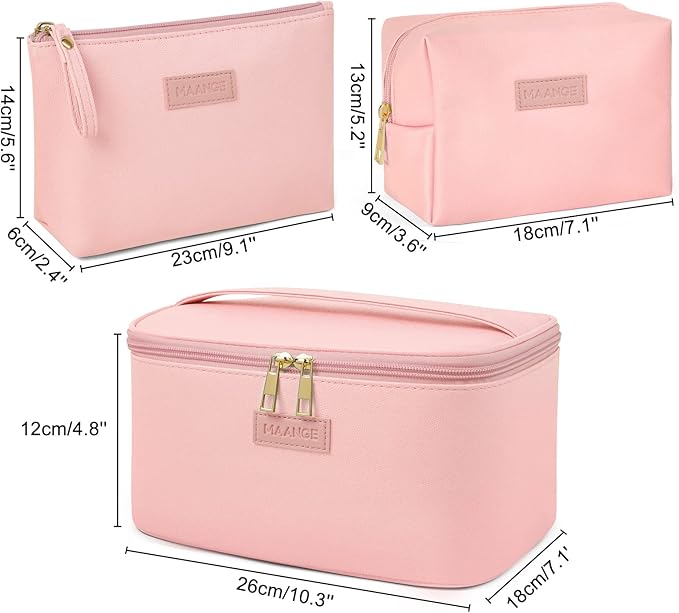 MAANGE Travel Makeup Bag - Large Makeup Bag with 2pcs Small Makeup Bag Portable Leather Cosmetic Bag Toiletry Bag Make Up Bags for Women and Girls (Pink)