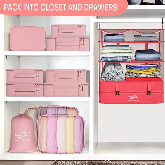 Compressible Packing Cubes Portable Hanging Closet Shelves 17"x12"x24" Extendable Travel Organizer Nylon Packing Bags for Suitcase
