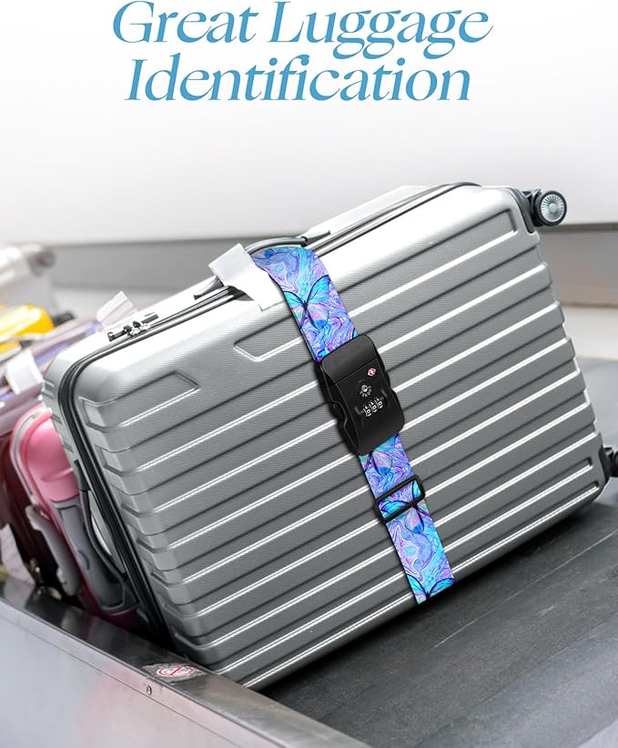 Slohif Luggage Straps TSA Lock for Suitcases - Travel Belt TSA Approved Accessories Luggage Identifiers Carry On Bag with Buckle Nylon Adjustable Band for Add a Bag Butterflies