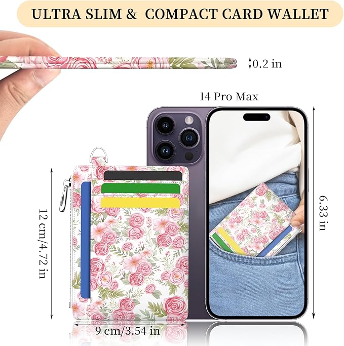 Hancynir Slim Wallet Women Credit Card Holder Rose Flower Floral RFID Blocking Small Cute Card Wallets Mini Front Pocket PU Leather Card Case Thin Travel Zipper Coin Cash Ladies Female Wallet Gifts