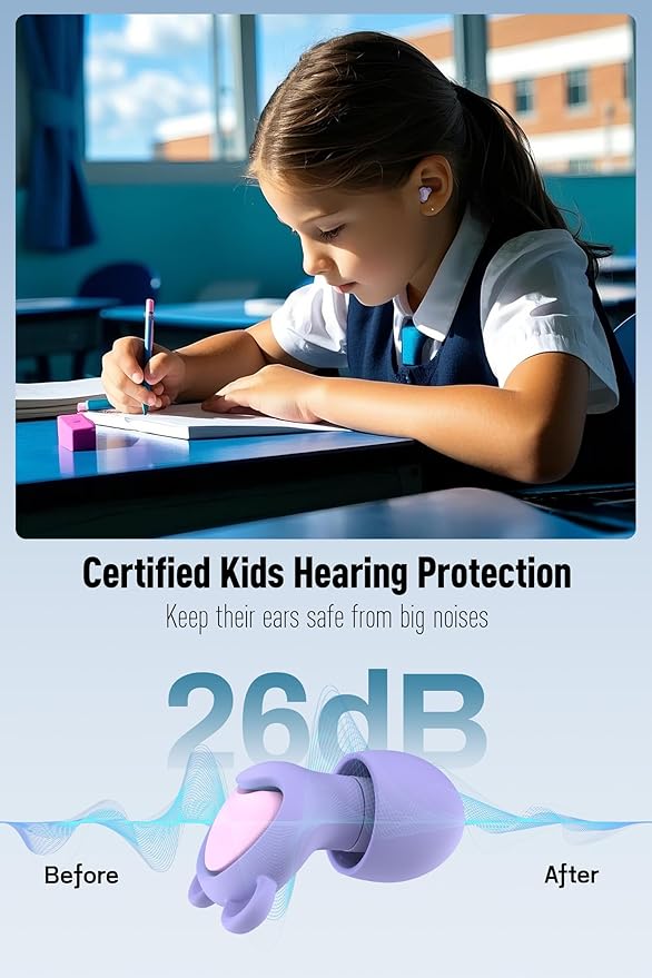 Kids Ear Plugs (6-12 Years) with Cord, Kids Ear Protection Reusable Noise Relief Earplugs for Focus, Travel, Concert, Socializing, Events, Sleep, Anxiety, Home, School, Playtime -26dB Noise Reduction