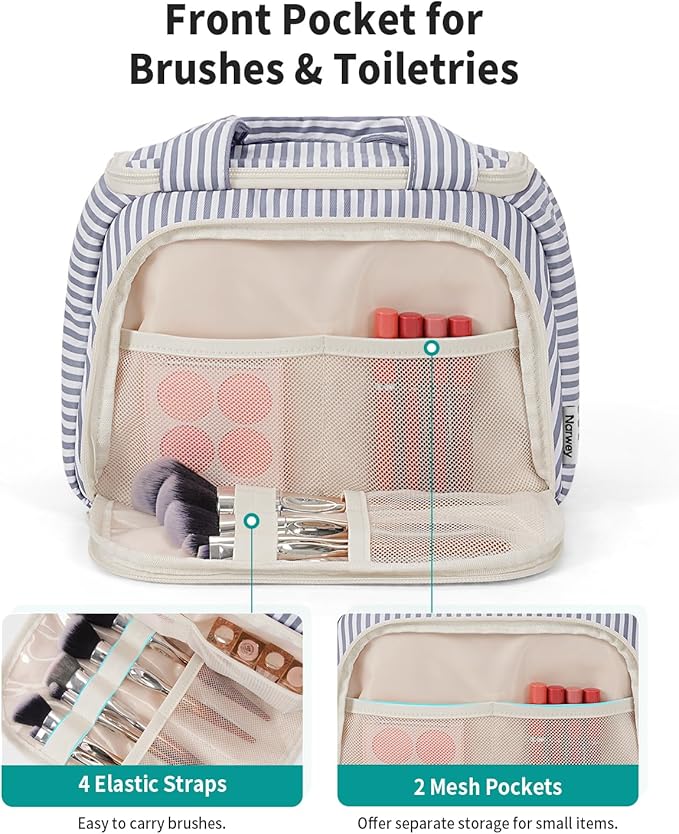 Narwey Striped Travel Toiletry Bag for Women Large Makeup Bag, Wide-open Cosmetic Make Up Organizer with Handle, Travel Bag for Toiletries, Essentials, Accessories (Greyish Blue Stripe)