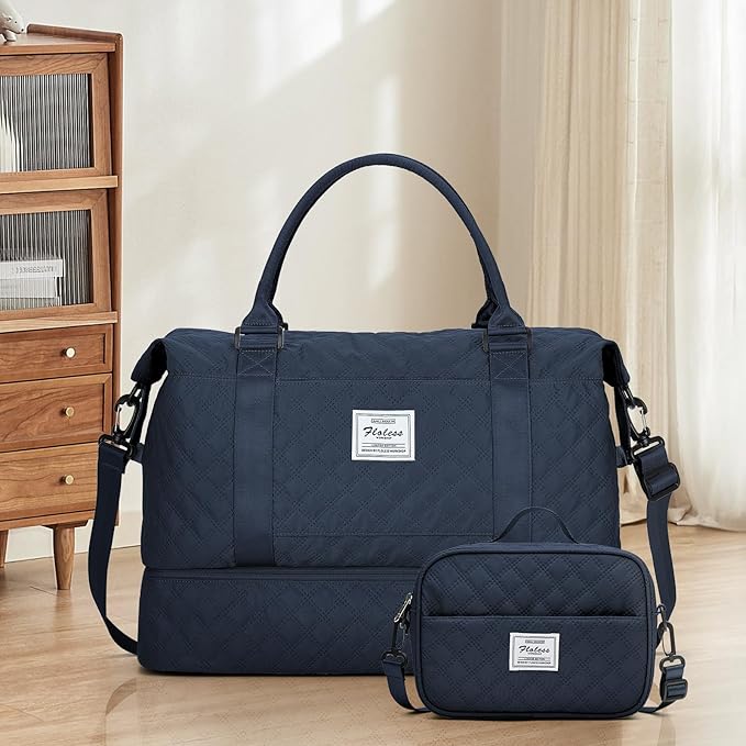 Weekender Bags for Women, Carry on Overnight Weekend Travel Duffel Bag with Shoes Compartment &Toiletry Bag, Personal Item Bag for Travel Business Trips Sport Hospital，Grid-NavyBlue