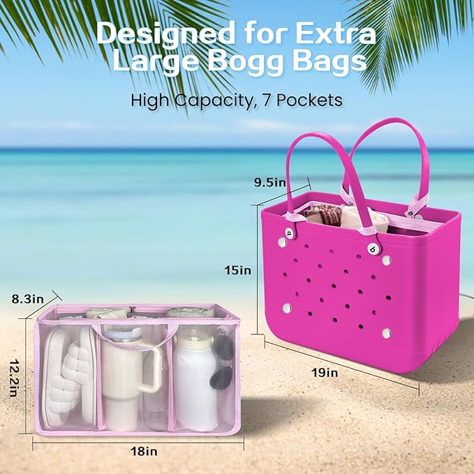 XYFuuee Beach Bag Organizer Inserts for Original Large Bogg Bag Accessories with 8 Removable Metal Fasteners, Lightweight Mesh Insert Divider Pouch, Organizing Rubber Tote, Save Space, Pink XL