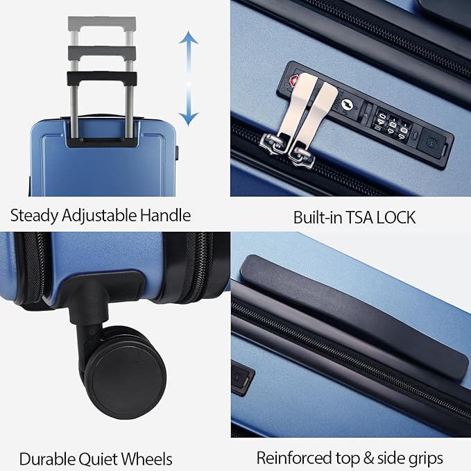 KROSER Carry On Luggage with Spinner Wheels & Built-in TSA Lock, Expandable Top Opening Hard Shell Suitcase Large Capacity Durable Rolling Luggage with USB Port, Carry-On 20-Inch, Light Blue