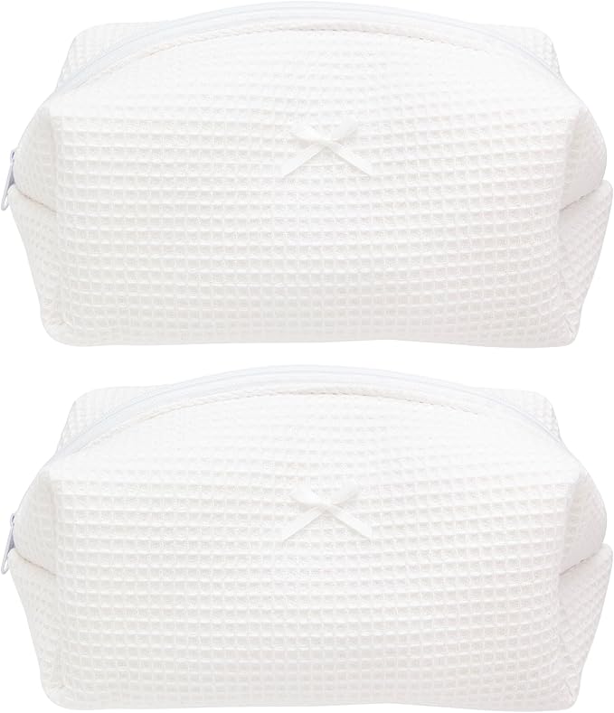 PAZIMIIK 2PCS Cozy Makeup Bag Travel Cosmetic Bag for Women Soft Toiletry Bag Aesthetic Makeup Organizer Portable Large Zipper Pouch for Skincare Beauty Accessories Brushes Waffle Check White